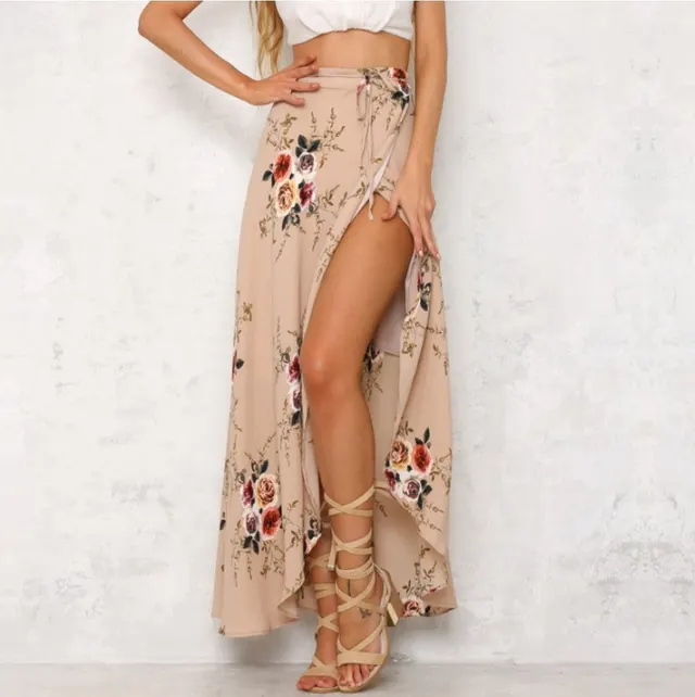 European And American Women's lrregular slit printed skirt Apricot - Shop at LoveMi