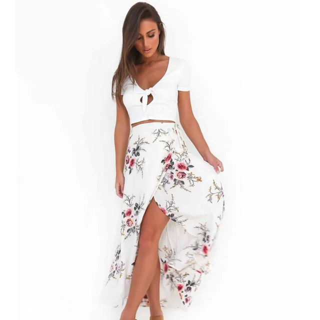 European And American Women's lrregular slit printed skirt White - Shop at LoveMi