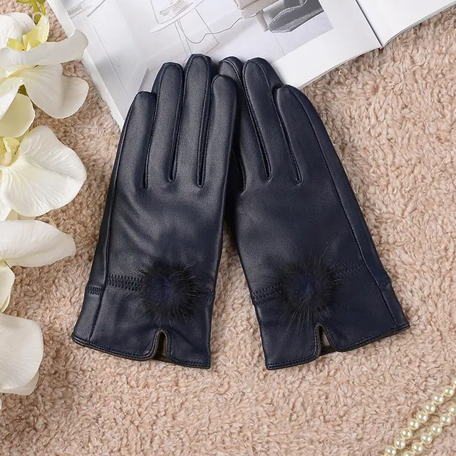 Women's Cute Warm Colored Sheepskin Gloves Dark Blue - Shop at LoveMi