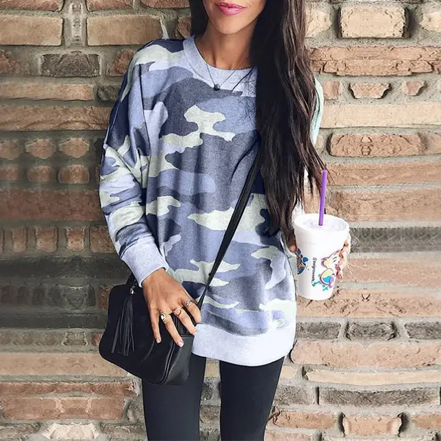 Autumn And Winter Print Round Neck Long sleeved Blouse Blue - Shop at LoveMi