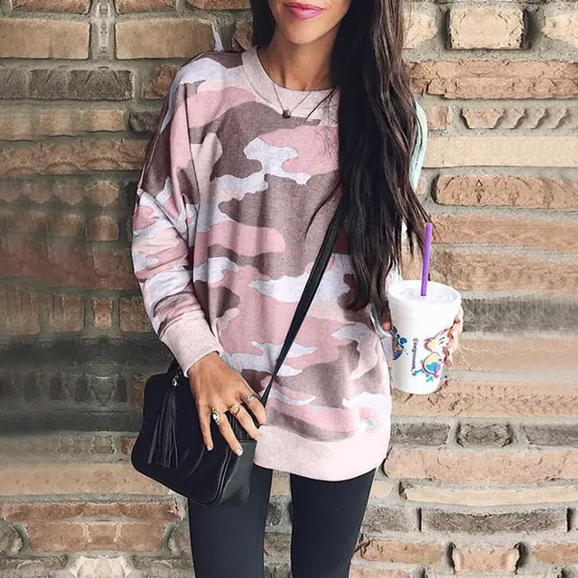 Autumn And Winter Print Round Neck Long sleeved Blouse Pink - Shop at LoveMi
