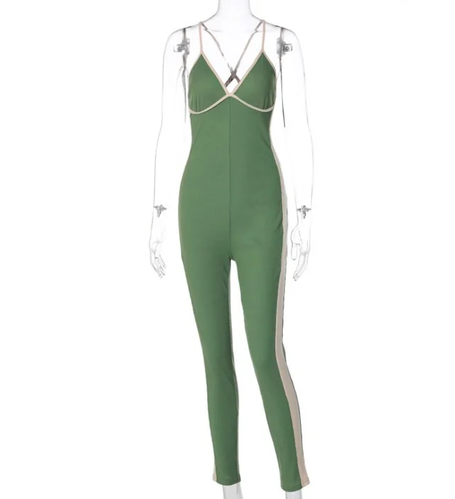 Sexy Zipper Three Color Stitching Suspenders Casual Long Jumpsuit Green - Shop at LoveMi