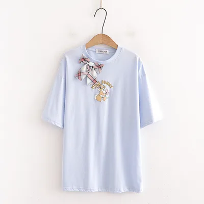 Women's White T shirt Short Sleeve Loose Bow Tie Round Neck Light Blue - Shop at LoveMi