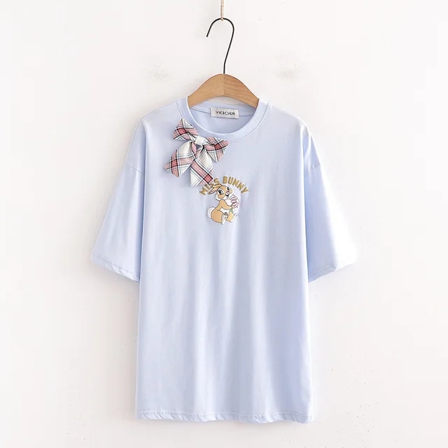Women's White T shirt Short Sleeve Loose Bow Tie Round Neck Light Blue - Shop at LoveMi