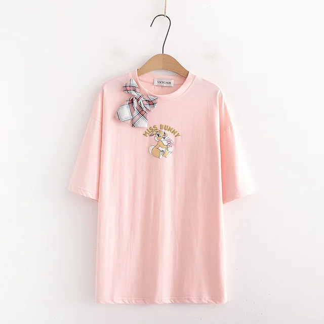Women's White T shirt Short Sleeve Loose Bow Tie Round Neck Pink - Shop at LoveMi