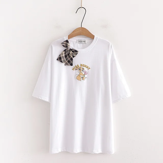 Women's White T shirt Short Sleeve Loose Bow Tie Round Neck White - Shop at LoveMi