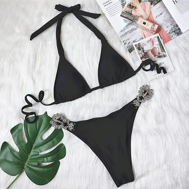 Bikini Plain Female Split Strap Luxury Crystal Diamond Swimsuit Black - Shop at LoveMi