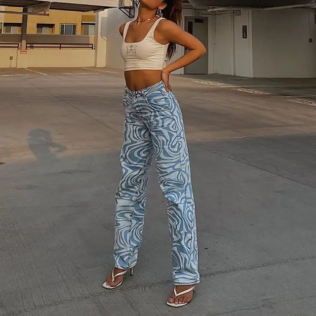 Ladies Printed Washed Women's Jeans Trousers Blue - Shop at LoveMi