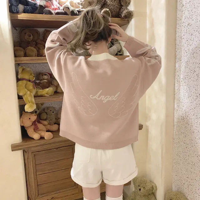 Wings Super Loose White Pink Sweater Pink - Shop at LoveMi
