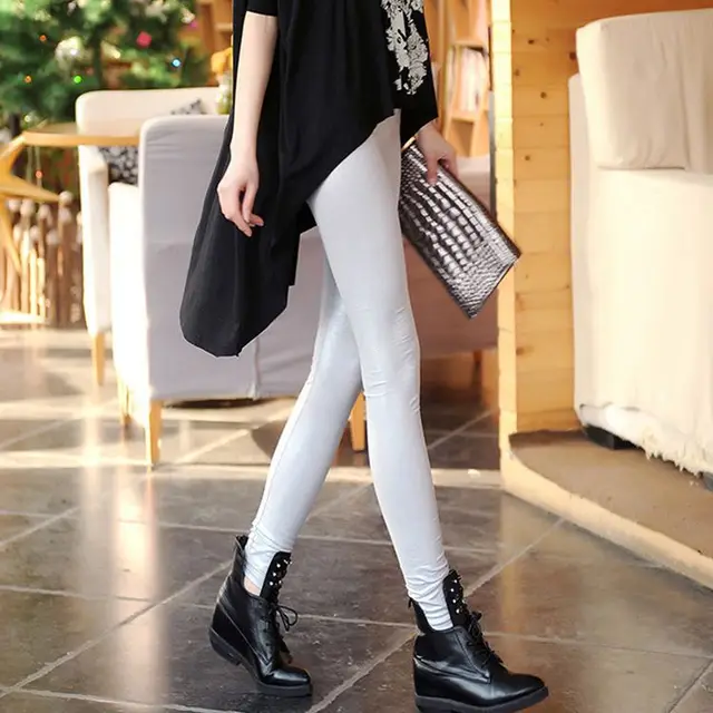 Pure Color Thin Skinny Matt Imitation Snakeskin Pattern Imitation Leather Cropped Leggings White - Shop at LoveMi