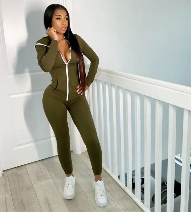 Women's Hooded Solid Color Jumpsuit Sweater Green - Shop at LoveMi