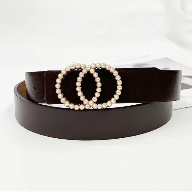 Ladies PU Inlaid Pearl Hanging Buckle Belt Brown - Shop at LoveMi