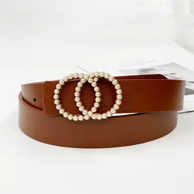Ladies PU Inlaid Pearl Hanging Buckle Belt Camel - Shop at LoveMi