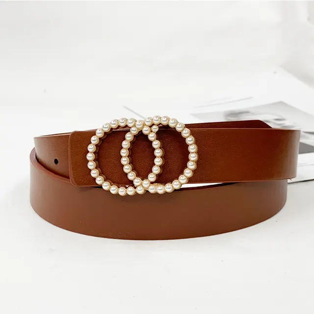 Ladies PU Inlaid Pearl Hanging Buckle Belt Camel - Shop at LoveMi
