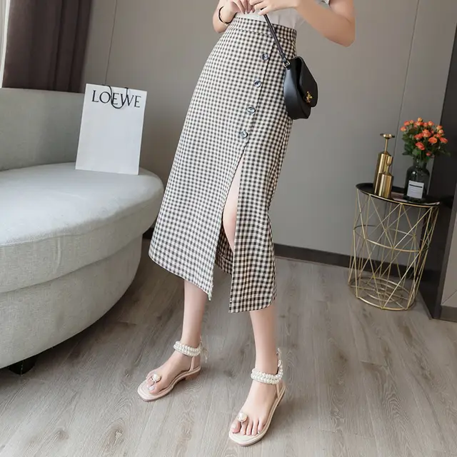 Women's High Waist Split Mid Length Bag Hip Skirt Khaki - Shop at LoveMi