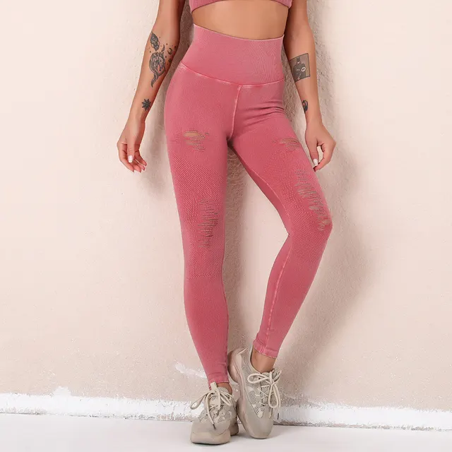 New Style Washed Yoga Pants With Holes And Seamless High Waisted Sports Cropped Trousers Pink - Shop at LoveMi
