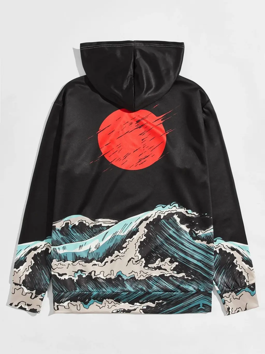 Code Print Japanese Sun Wave Hoodie - Black