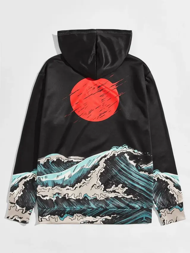 Code Print Japanese Sun Wave Hoodie Black - Shop at LoveMi
