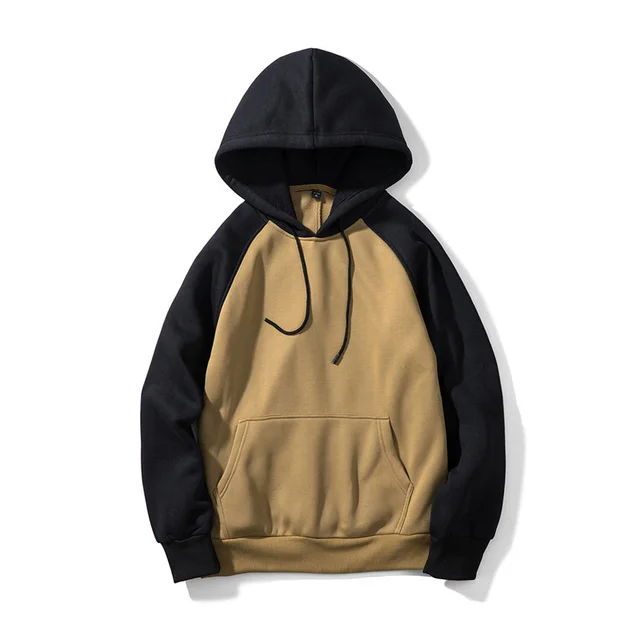 Hoodie Solid Color Stitching Contrast Color Hood Khaki - Shop at LoveMi