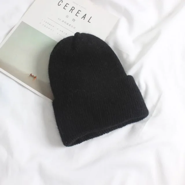 Women knitted Winter Hat female Warm Rabbit fur beanie Black - Shop at LoveMi