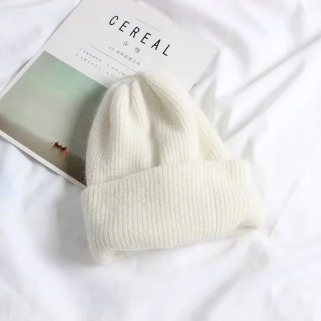 Women knitted Winter Hat female Warm Rabbit fur beanie White - Shop at LoveMi