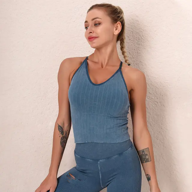 Europe And America Ladies Slim Striped Sexy Fitness Vest Navy - Shop at LoveMi
