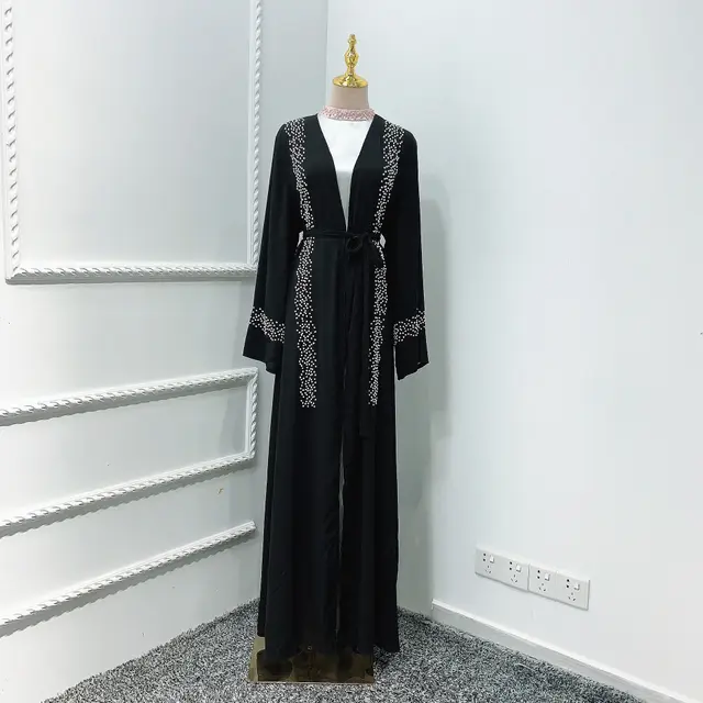 Muslim Solid Color Beaded Middle Eastern Robe Dress Black - Shop at LoveMi