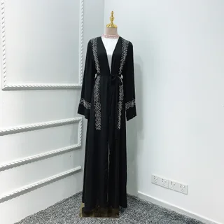 Muslim Solid Color Beaded Middle Eastern Robe Dress - Black