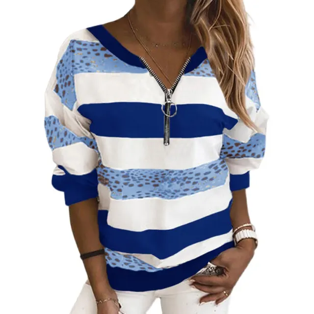 European And American Loose Striped Printed V Neck Long Sleeved T Shirt Sweatshirt Blau - Shop at LoveMi
