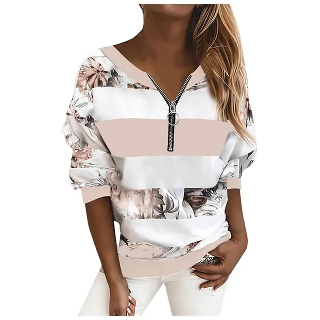 European And American Loose Striped Printed V Neck Long Sleeved T Shirt Sweatshirt Pink - Shop at LoveMi