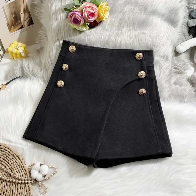 Korean Women's High Waisted Double Breasted Woolen Wide Leg Pants Black - Shop at LoveMi