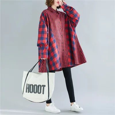Stitching Mid Length Plaid Shirt Women's Top Red - Shop at LoveMi