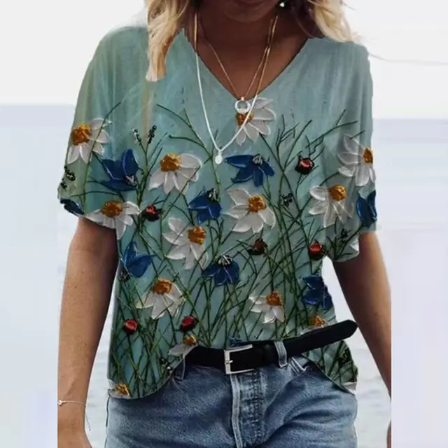 Fashion Trend All Match Digital Abstract Printing Loose V Neck Short Sleeved T Shirt I - Shop at LoveMi