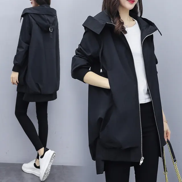 Loose Casual Hooded Mid Length Trench Coat Black - Shop at LoveMi