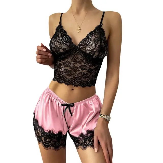 See through sexy lace sling set Pink - Shop at LoveMi
