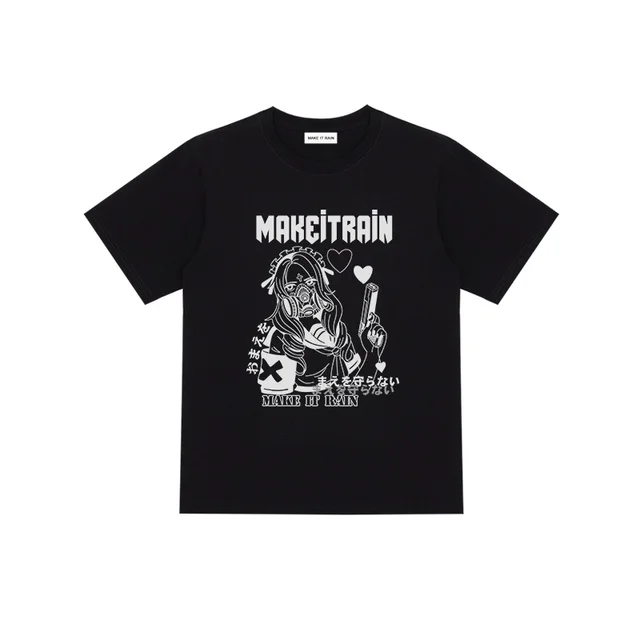 Personalized Two Dimensional Girl Print All Match Short Sleeve Black - Shop at LoveMi