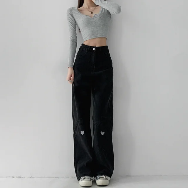 Love Embroidered Jeans Women's High Waist Retro Casual Straight Pants Black - Shop at LoveMi