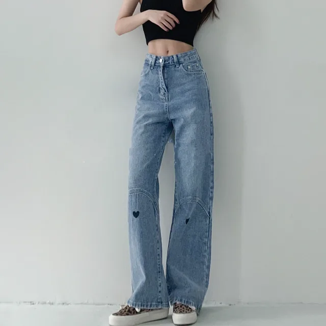 Love Embroidered Jeans Women's High Waist Retro Casual Straight Pants Blue - Shop at LoveMi
