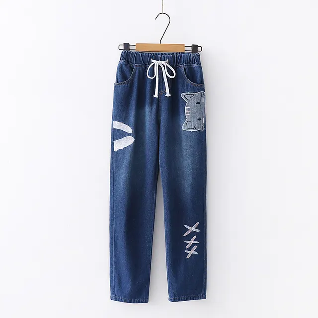 Embroidered Elastic Waist Jeans Dark Blue - Shop at LoveMi