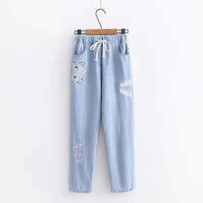 Embroidered Elastic Waist Jeans Light Blue - Shop at LoveMi