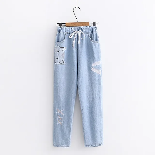 Embroidered Elastic Waist Jeans Light Blue - Shop at LoveMi