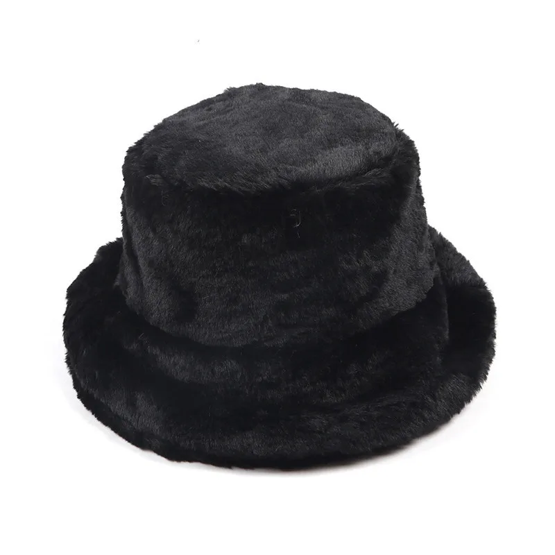 Winter Women's Thickened Imitation Rabbit Fur Flat Top Japanese Fisherman Hat - Black