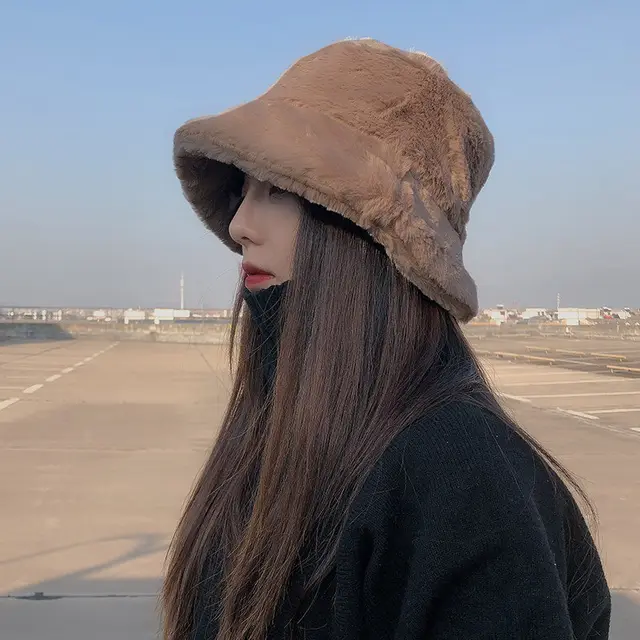 Winter Women's Thickened Imitation Rabbit Fur Flat Top Japanese Fisherman Hat Khaki - Shop at LoveMi