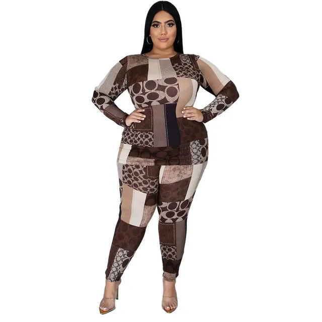 Fall Plus Size Clothing Set Tracksuit Stretch Top Brown - Shop at LoveMi