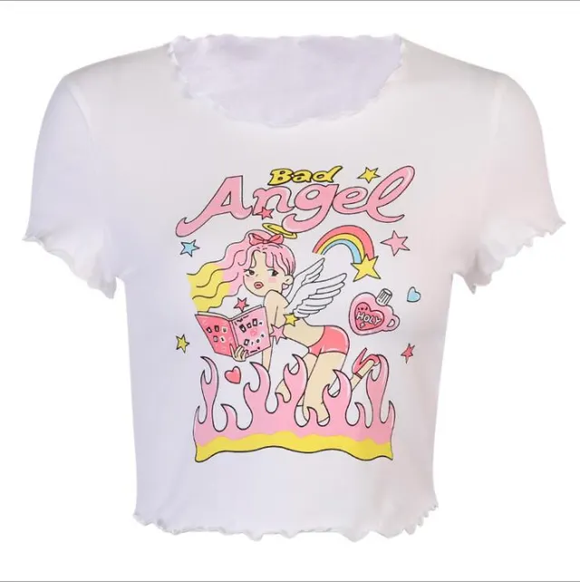 Angel Print Fashion Fungus Navel T shirt White - Shop at LoveMi