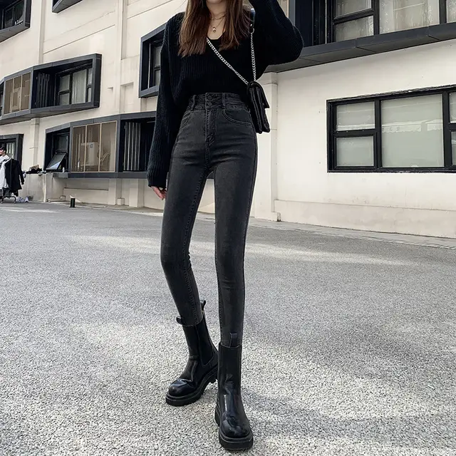 Smokey Grey Skinny Pants With Small Feet And Fleece Grey - Shop at LoveMi