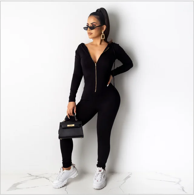 Women's Fashion Zipper Hoodie Jumpsuit Black - Shop at LoveMi