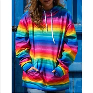 Autumn New Product Rainbow Color Long Sleeve Casual Pocket Ladies Sweatshirt - Colorful