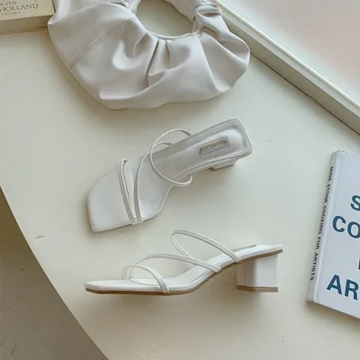 Square Head Thick Heel Sandals And Slippers Hollowed Out Rome White - Shop at LoveMi