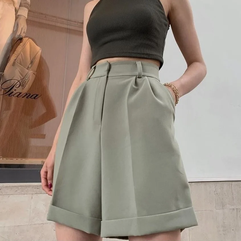 Flap Pockets, Zipper Buttons, Solid Color Fashion Casual Pants Shorts - Green